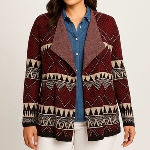 Dex Cardigan Boho Sweater Aztec Pattern Waterfall Collar Burgundy Black Taupe M